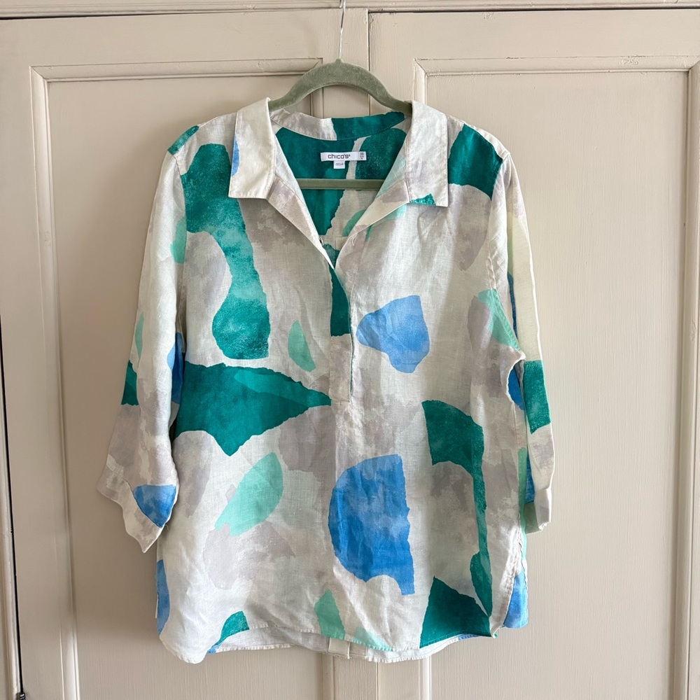 Chicos Abstract Linen 3/4 Sleeve Button Shirt Tunic